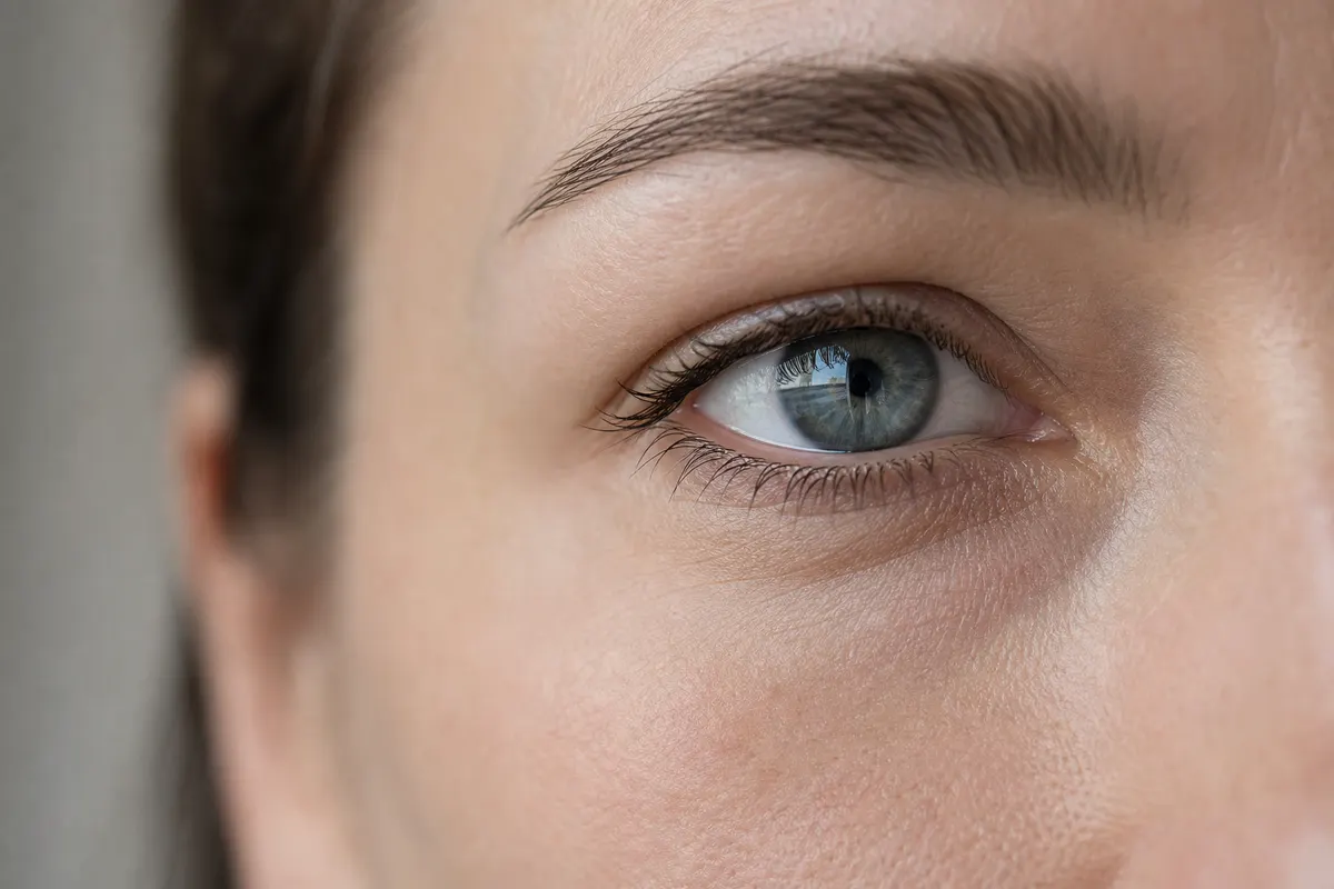 Gros plan calme sur le contour d'un œil et le haut de la joue, lumière naturelle douce, aucun autre détail du visage visible.