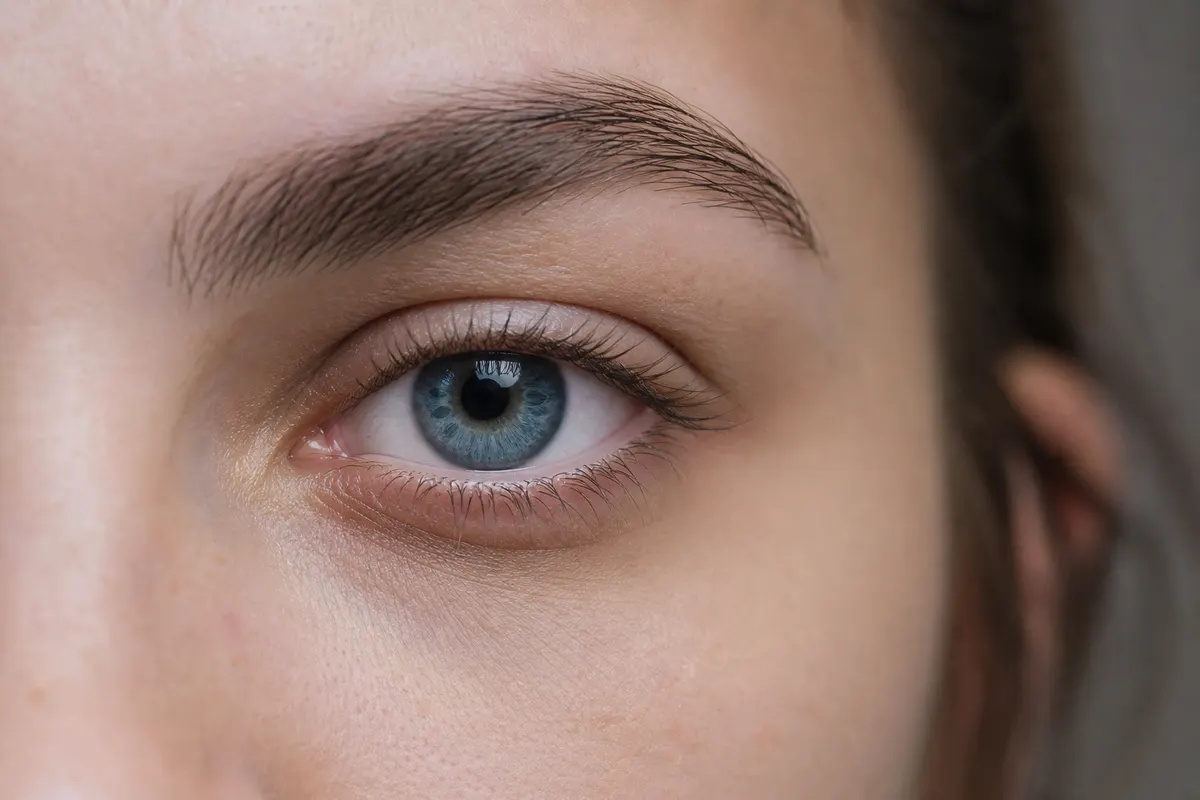 Gros plan calme sur un œil au regard neutre, lumière naturelle douce, aucun autre détail du visage visible.