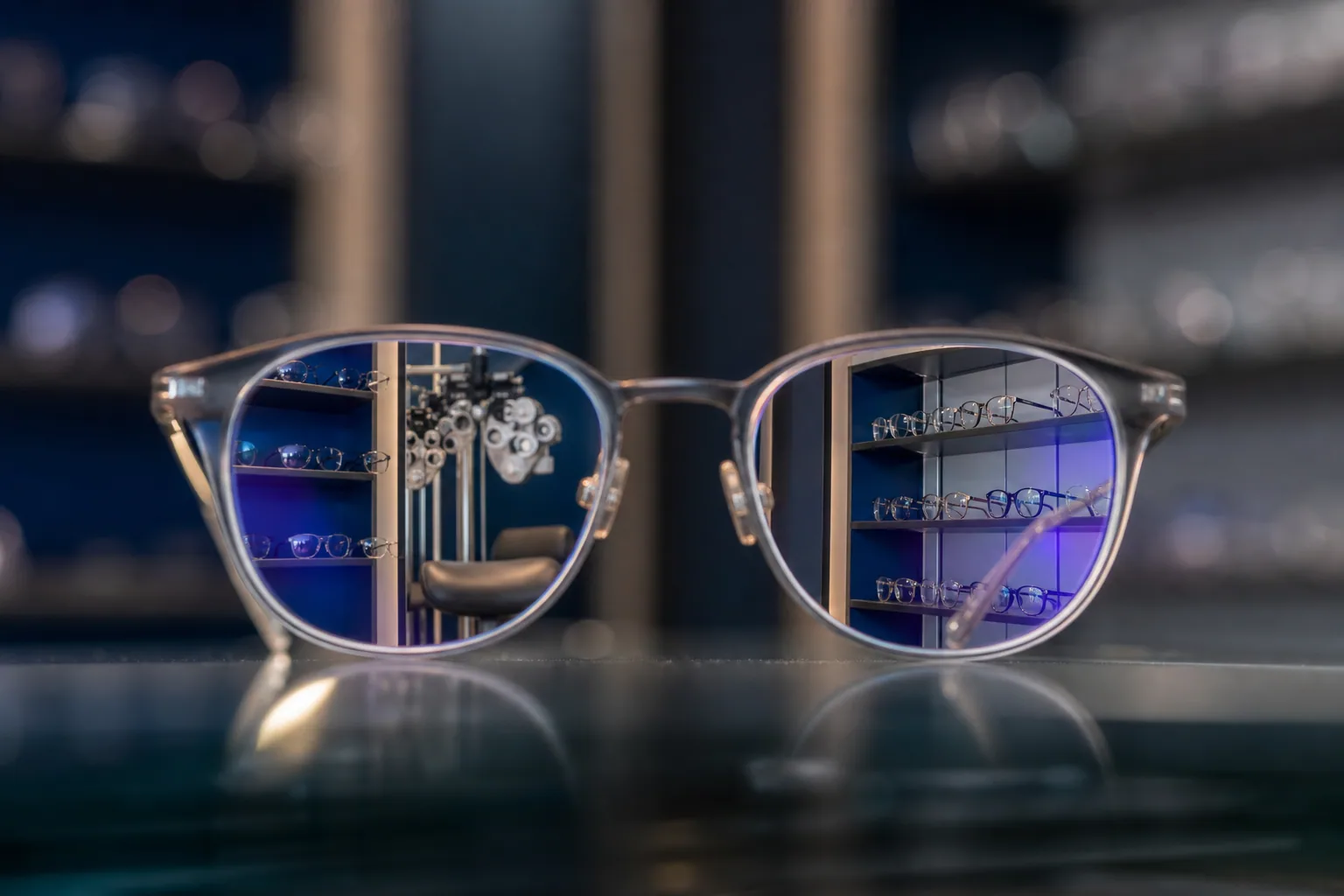 Paire de lunettes de vue posée devant un phoroptère : l’arrière-plan apparaît net à travers les verres et flou tout autour.