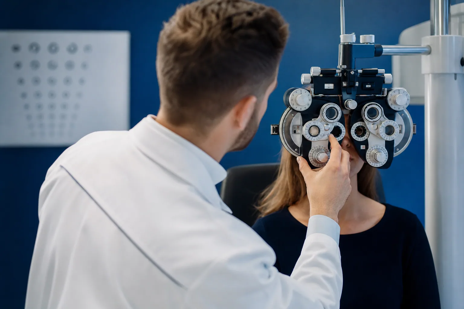 Opticien en blouse blanche ajustant un phoroptère dans une salle d’examen lumineuse.