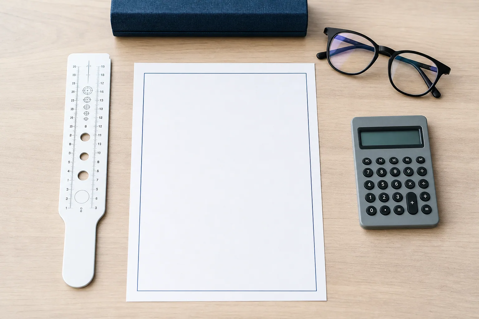 Bureau d’opticien avec une ordonnance, une règle pupillométrique, une paire de lunettes et une calculatrice.